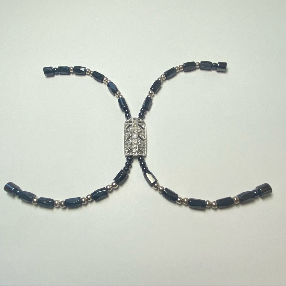 Art Deco Style Silver Tone Rhinestone Double Strand Magnetic Hematite Bracelet‎ - Picture 4 of 9